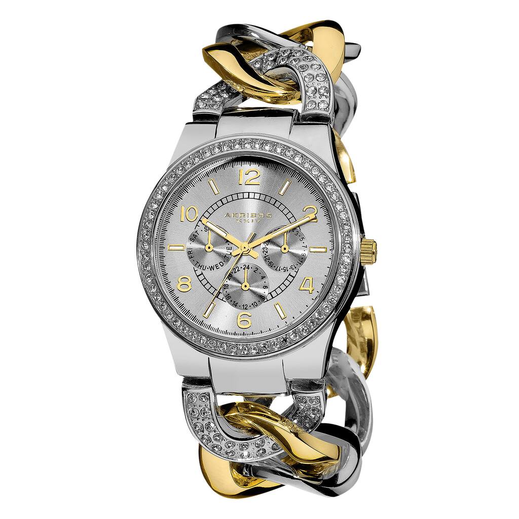 Akribos XXIV Women's Quartz Multifunction Crystal Accented Twist Chain Two-Tone Watch