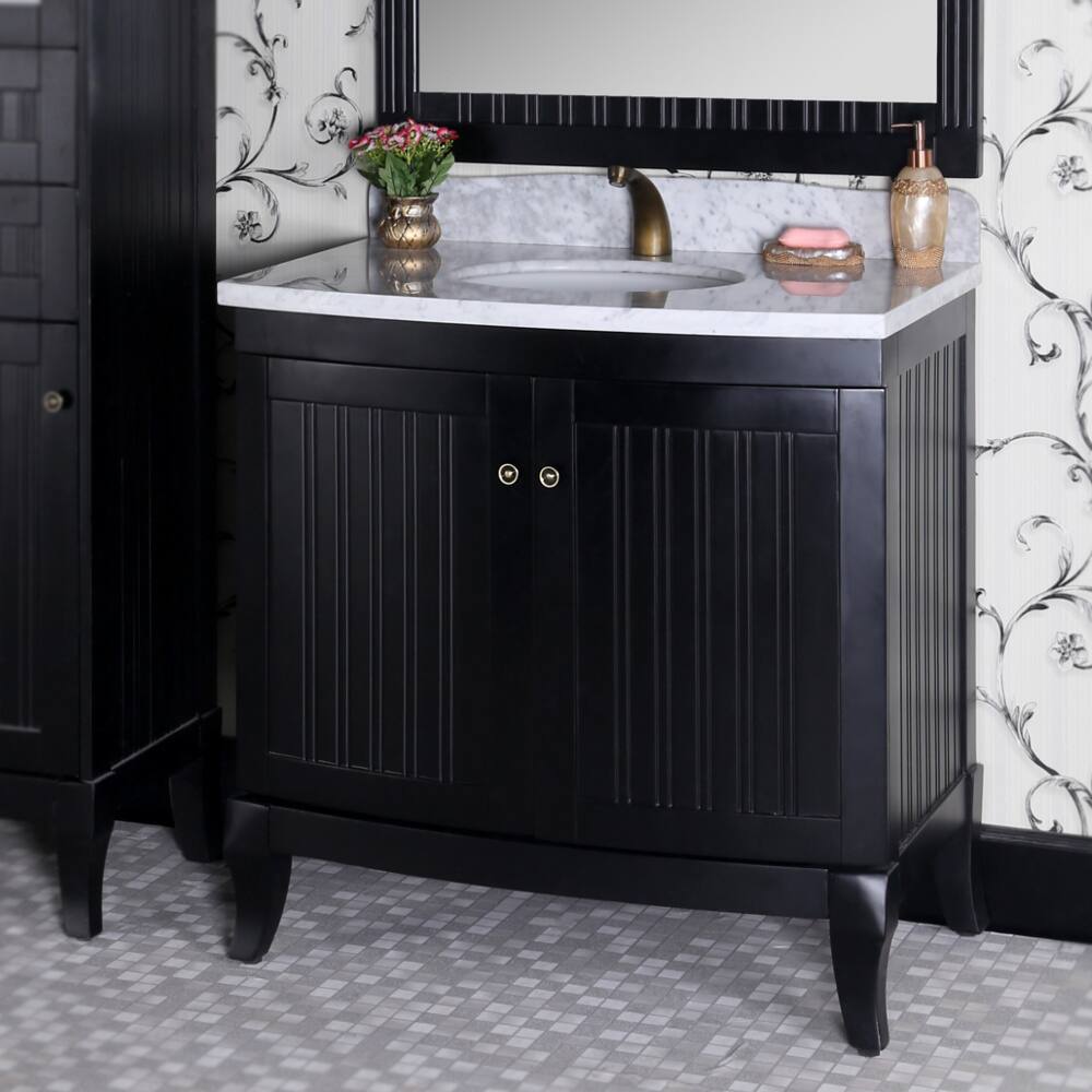 Country Style 36-inch Carrara White Marble Top Black Single Sink Bathroom Vanity with Matching Wall Mirror