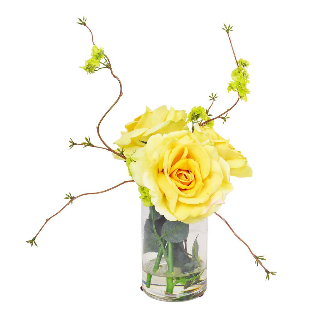 Yellow Roses with Viburnum in Acrylic Water Filled Glass Vase - CLEAR