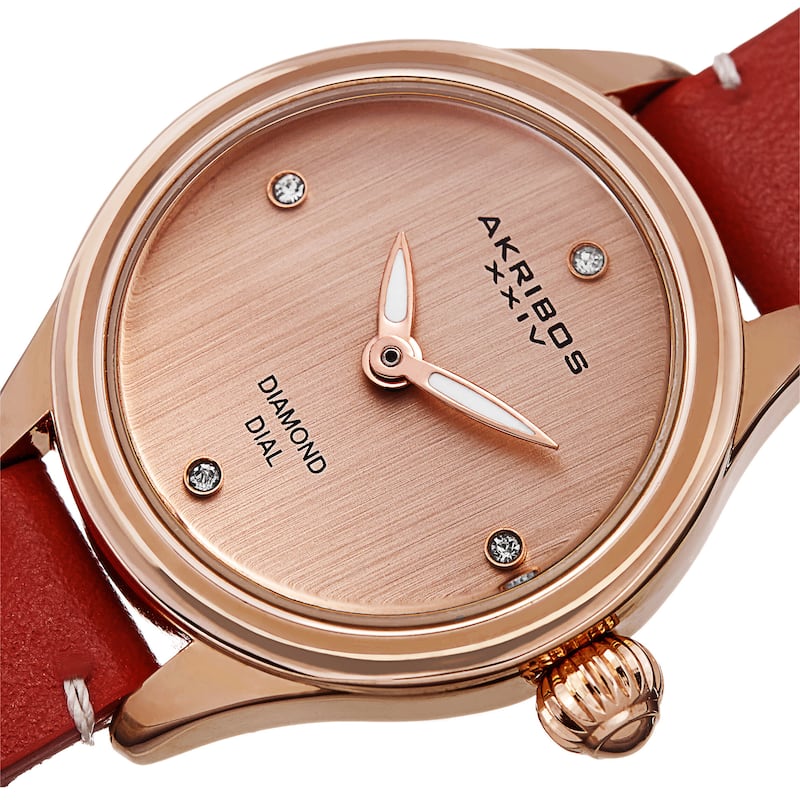 Akribos XXIV Women's Quartz Diamond Markers Leather Red Strap Watch