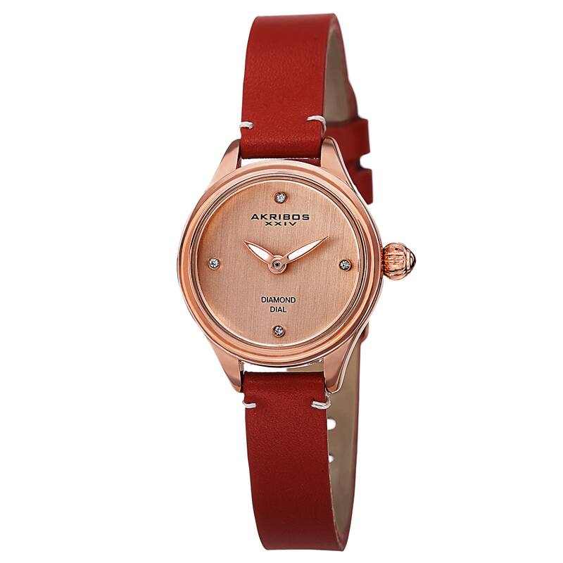 Akribos XXIV Women's Quartz Diamond Markers Leather Red Strap Watch