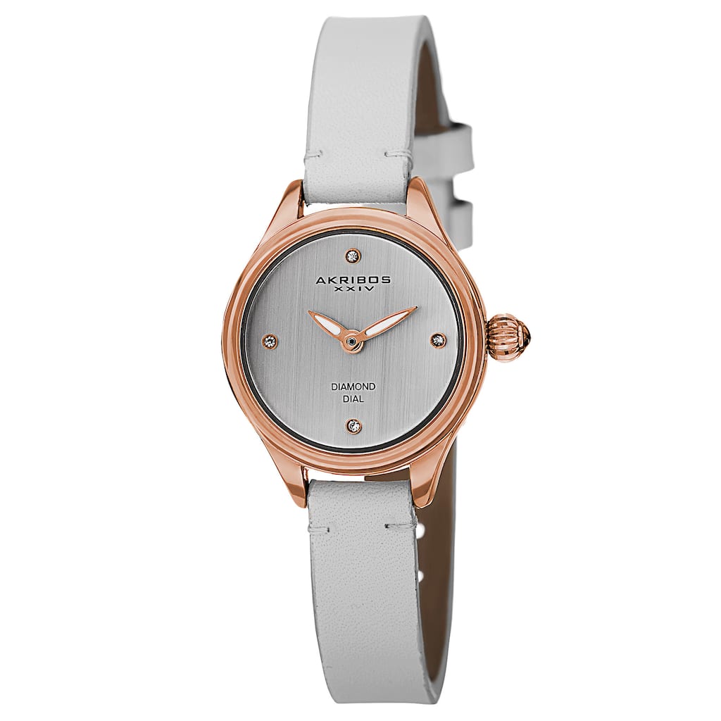 Akribos XXIV Women's Quartz Diamond Markers Leather White Strap Watch