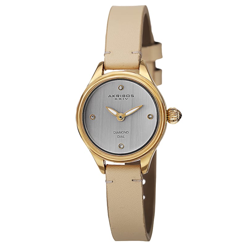 Akribos XXIV Women's Quartz Diamond Markers Leather Gold-Tone Strap Watch