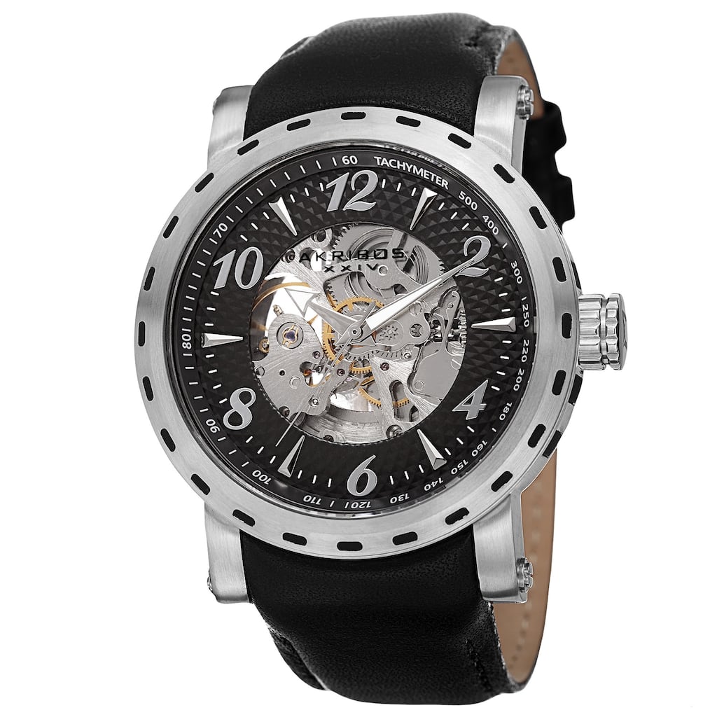 Akribos XXIV Men's Automatic Movement Tachymeter Skeleton Dial Leather Silver-Tone Strap Watch