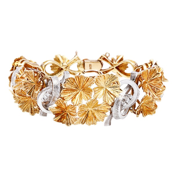 18K Two-tone Gold Florentine Finish Flower Estate Bracelet - On Sale ...