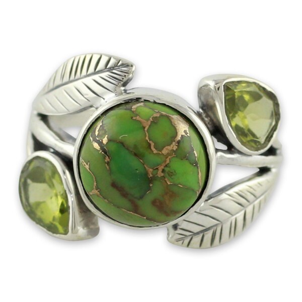 Handmade Sterling Silver Green Ivy Turquoise Peridot Cocktail-Cluster Style Ring (India)