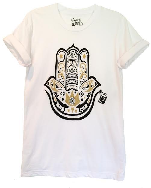 Arabic Men's Graphic Tshirt with Gold and Black Hamza Hand Design