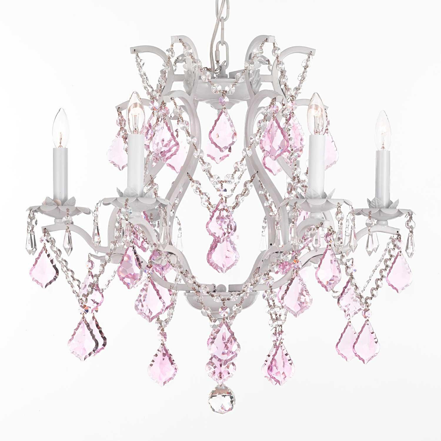 White Wrought Iron Crystal Chandelier Lighting With Pink Crystals H19 x W20 - Chandeliers For Bedrooms by Overstock.com