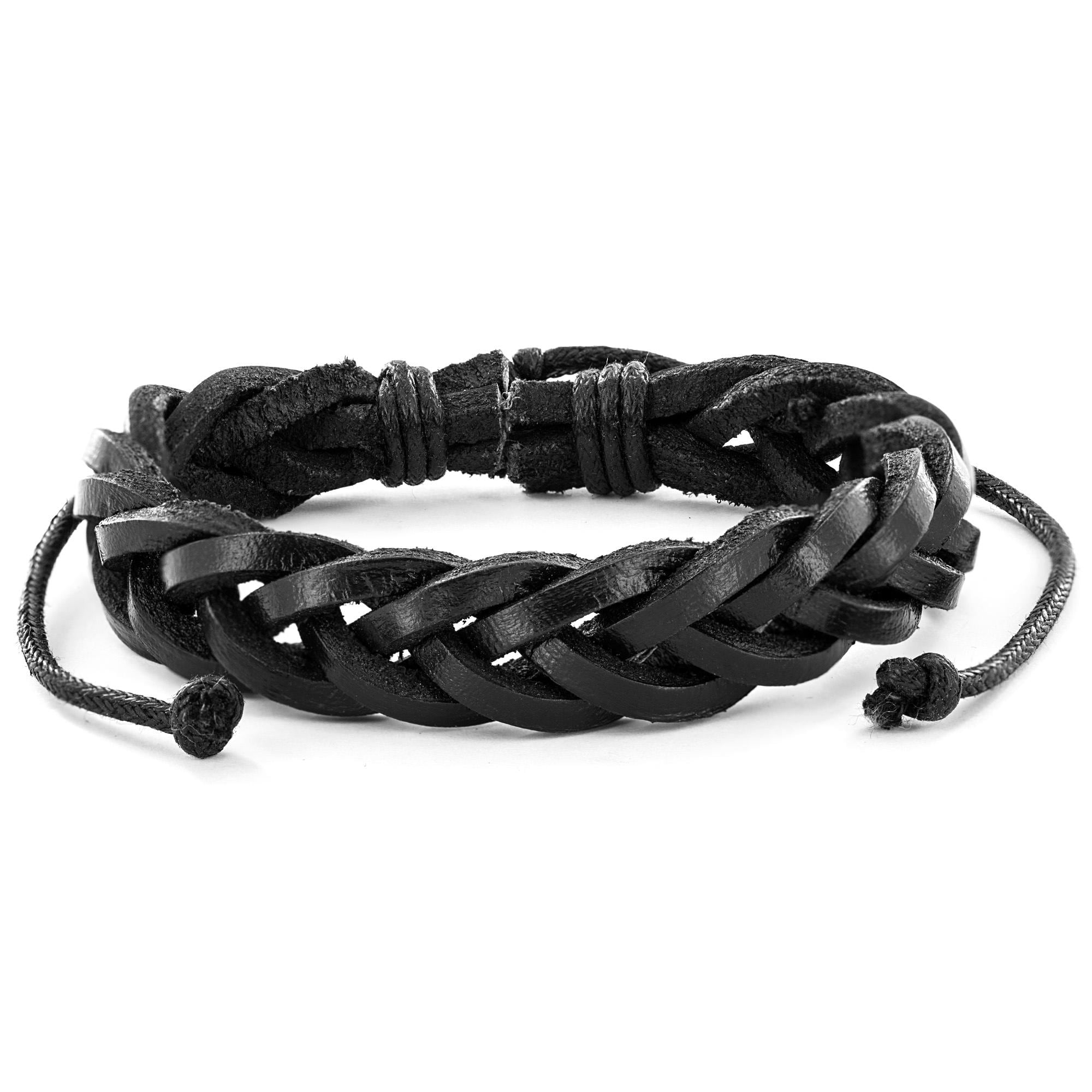 Black Braided Leather Adjustable Bracelet - 18417168 - Overstock.com ...