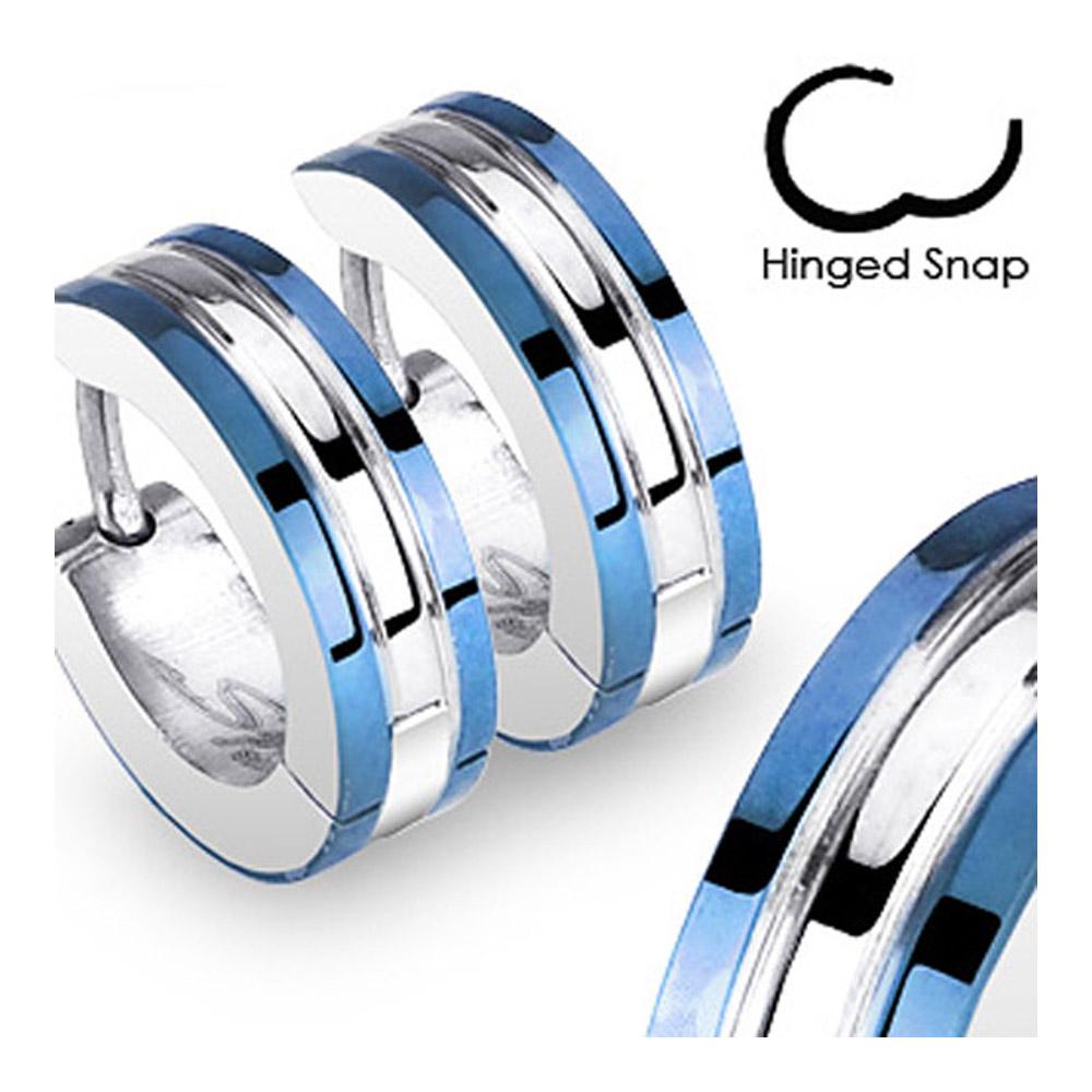 Stainless Steel 2 Tone Hoop Earrings with Blue Plated Edges