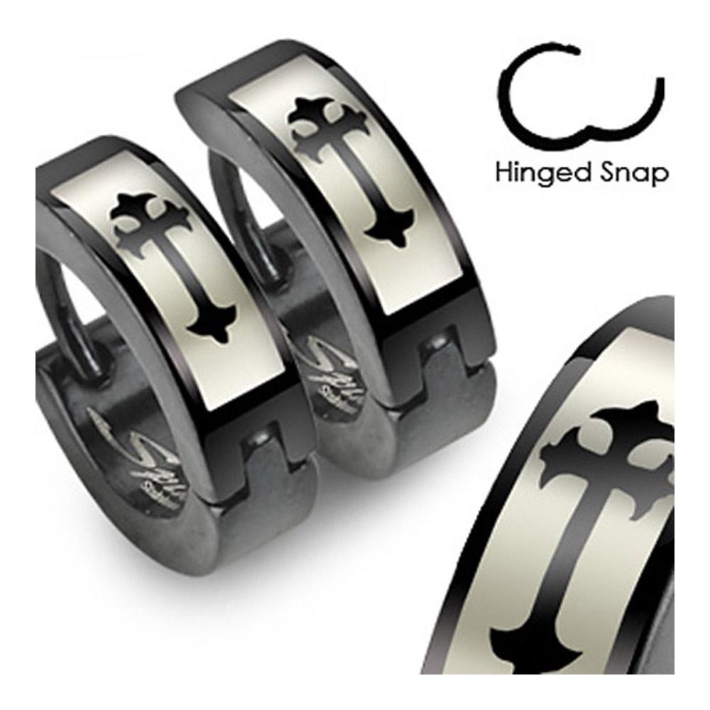 Stainless Steel Black Hinged Hoop Earrings with Gothic Medieval Cross Print