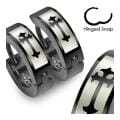 Stainless Steel Black Hinged Hoop Earrings with Gothic Medieval Cross Print