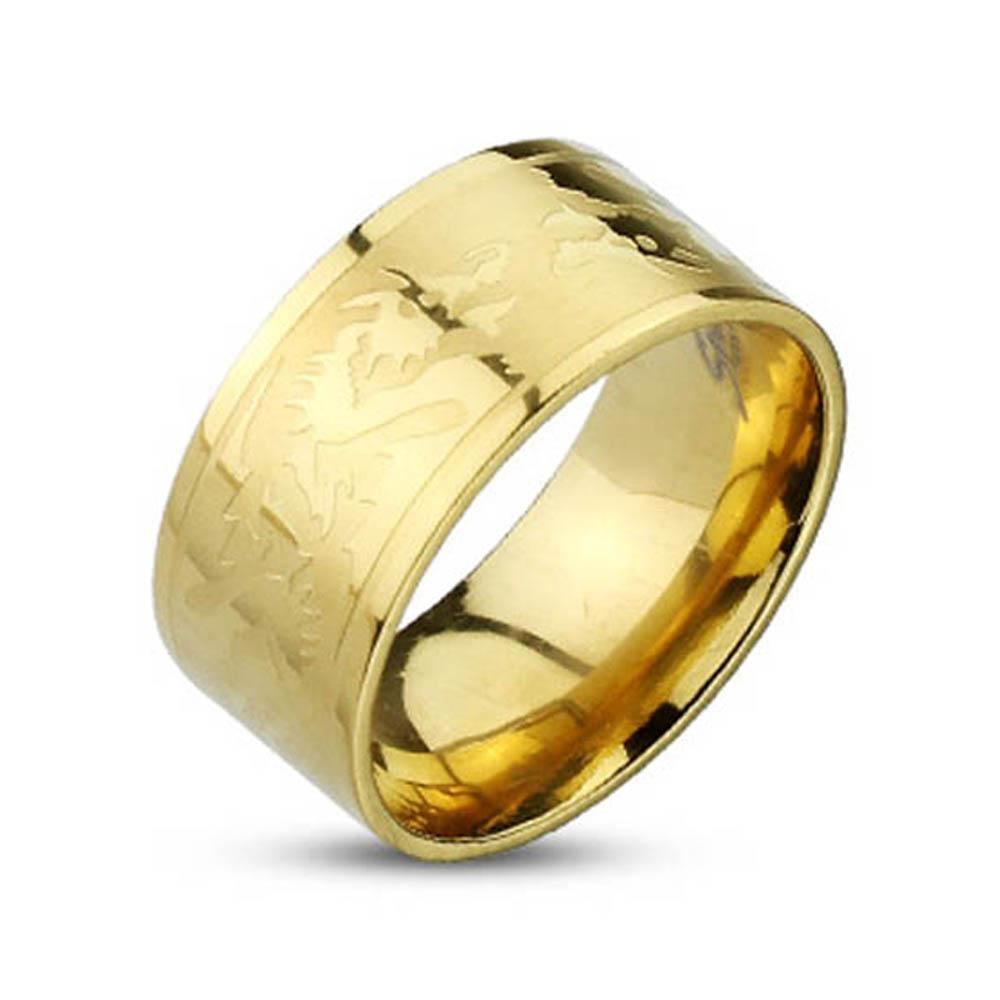 Stainless Steel Gold Plated Dragons Etched Band Ring