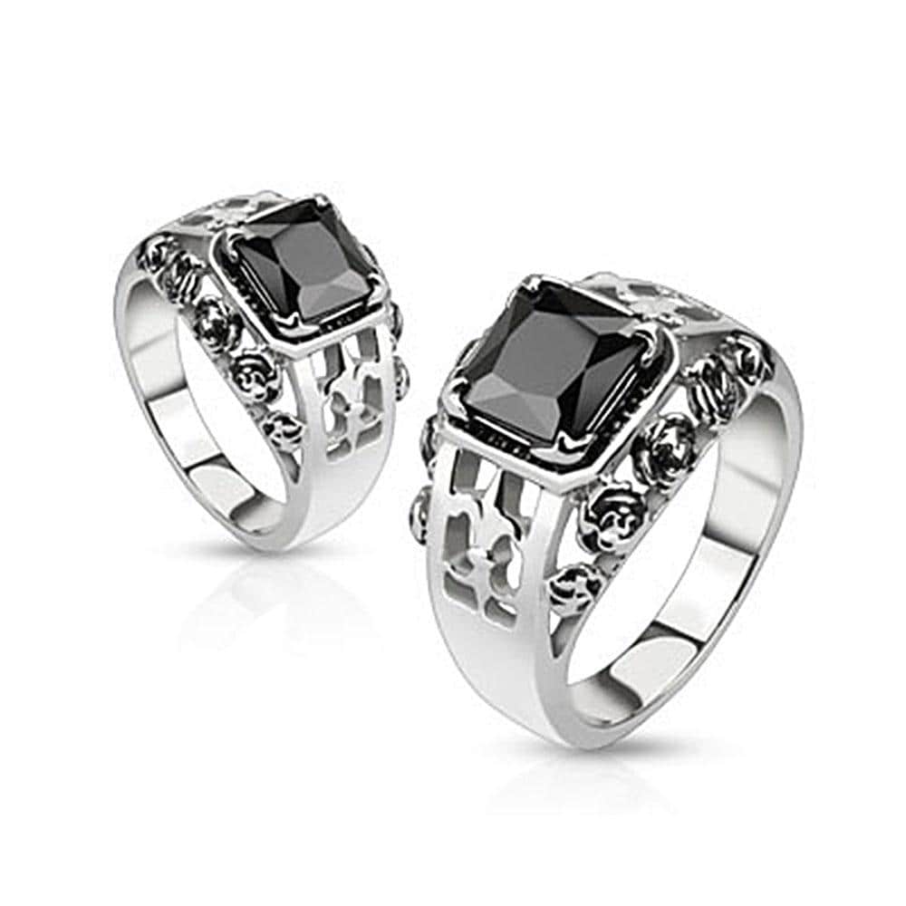 Rose Royal Fleur De Lis Set Black Square Gem Cast Stainless Steel Ring