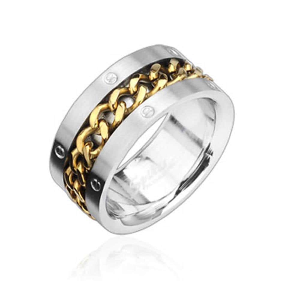 Stainless Steel Ring with Gold Spinning Chain Center