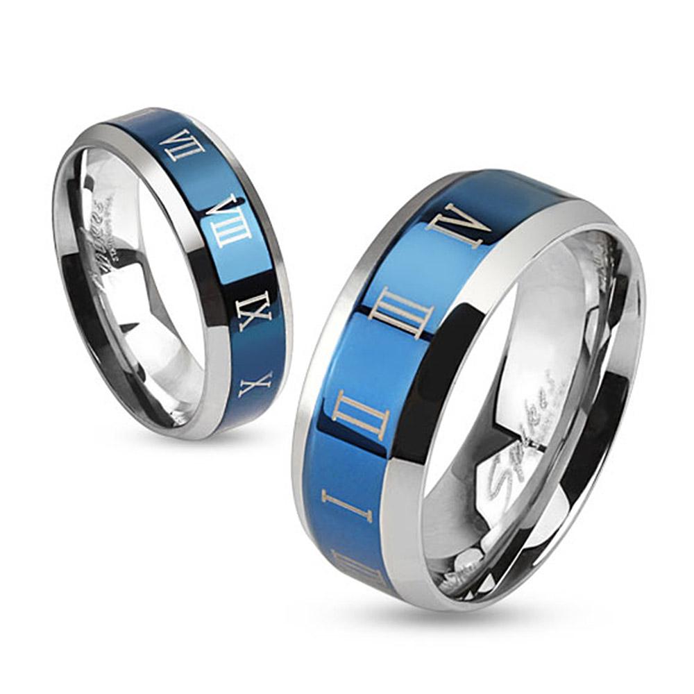 Roman Numerals Beveled Edge Stainless Steel Blue IP Center Band Ring