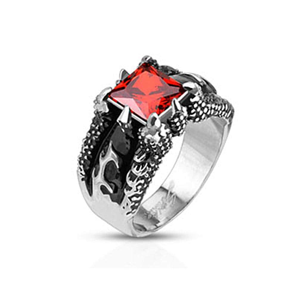 Fire Dragon Claw Set Ruby Red Square Gem Cast Stainless Steel Ring