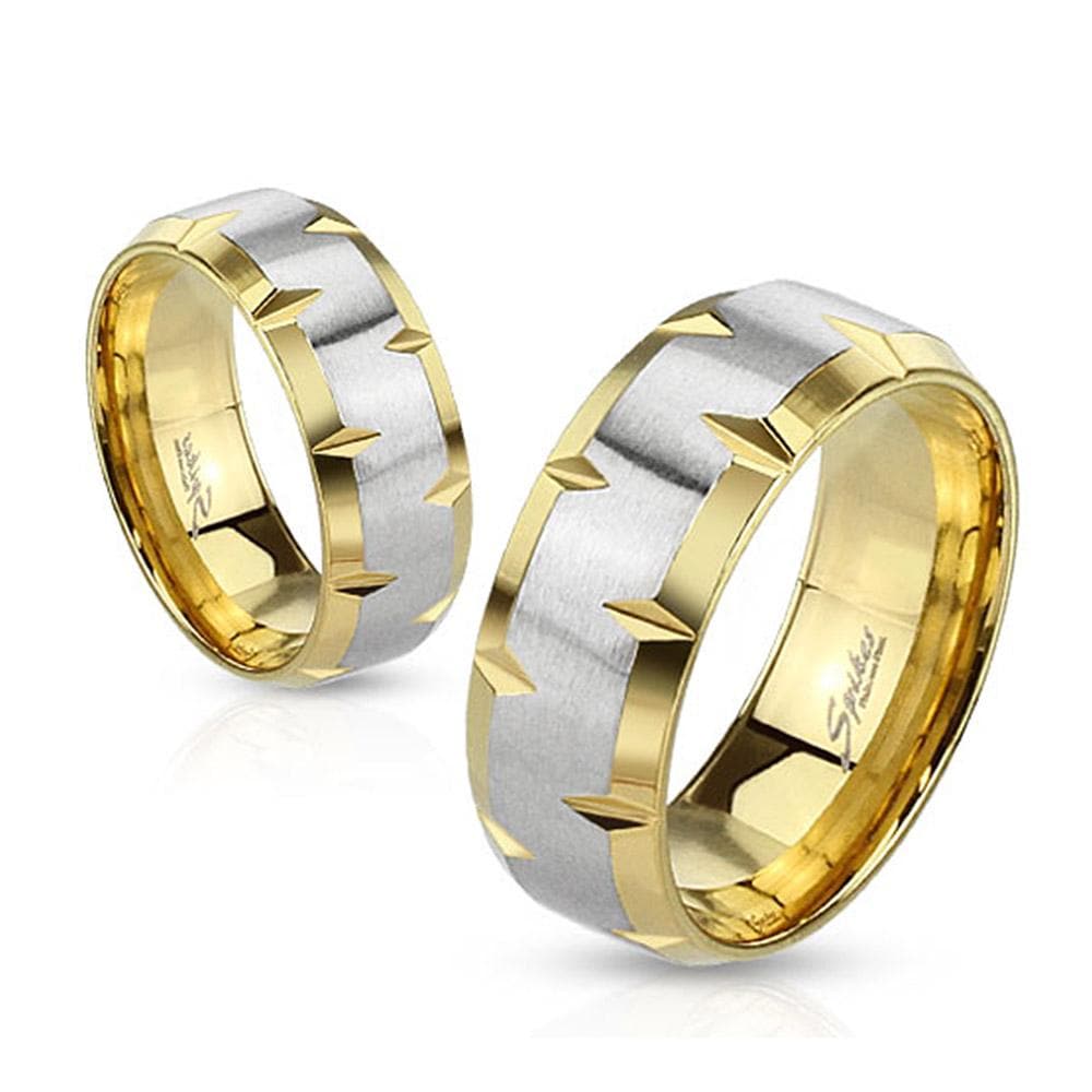 Indented Beveled Edges Stainless Steel Gold IP Ring