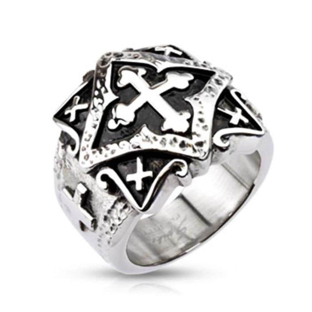 Stainless Steel Ornamental Multi Cross Plate Wide Cast Ring