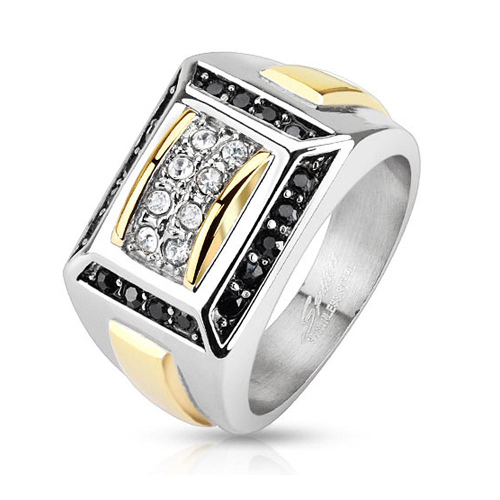 Micro Paved Clear CZs with Black CZ Border Square Cast Two Toned Stainless Steel Ring