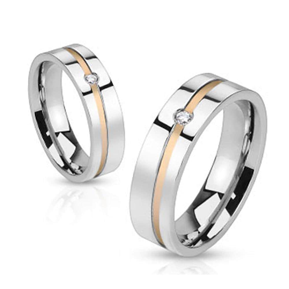 Diagonal Cut Line with Center Gem Stainless Steel Gold IP Band Ring