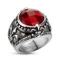 Stainless Steel Antiquated Fleur De Lis Red Gem Center Cast Ring