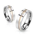 Diagonal Cut Line with Center Gem Stainless Steel Gold IP Band Ring