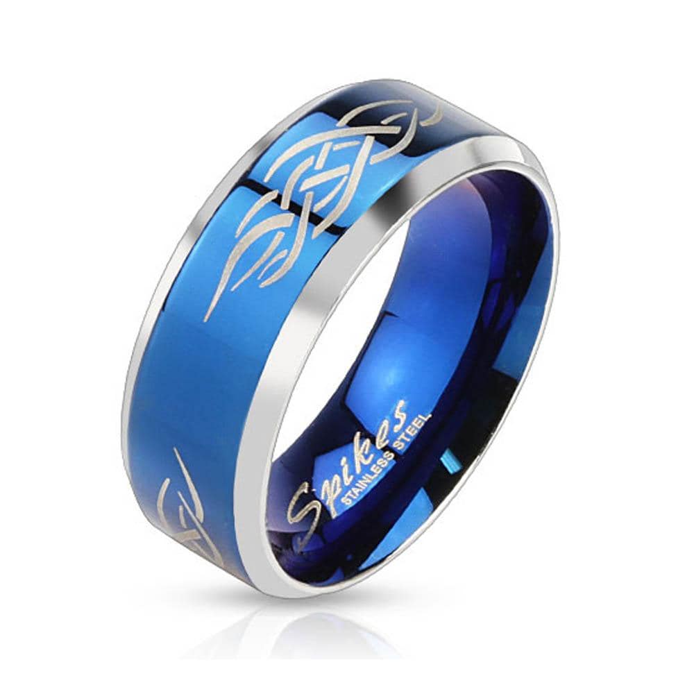 Tribal Inlay Stainless Steel Blue IP Band Ring