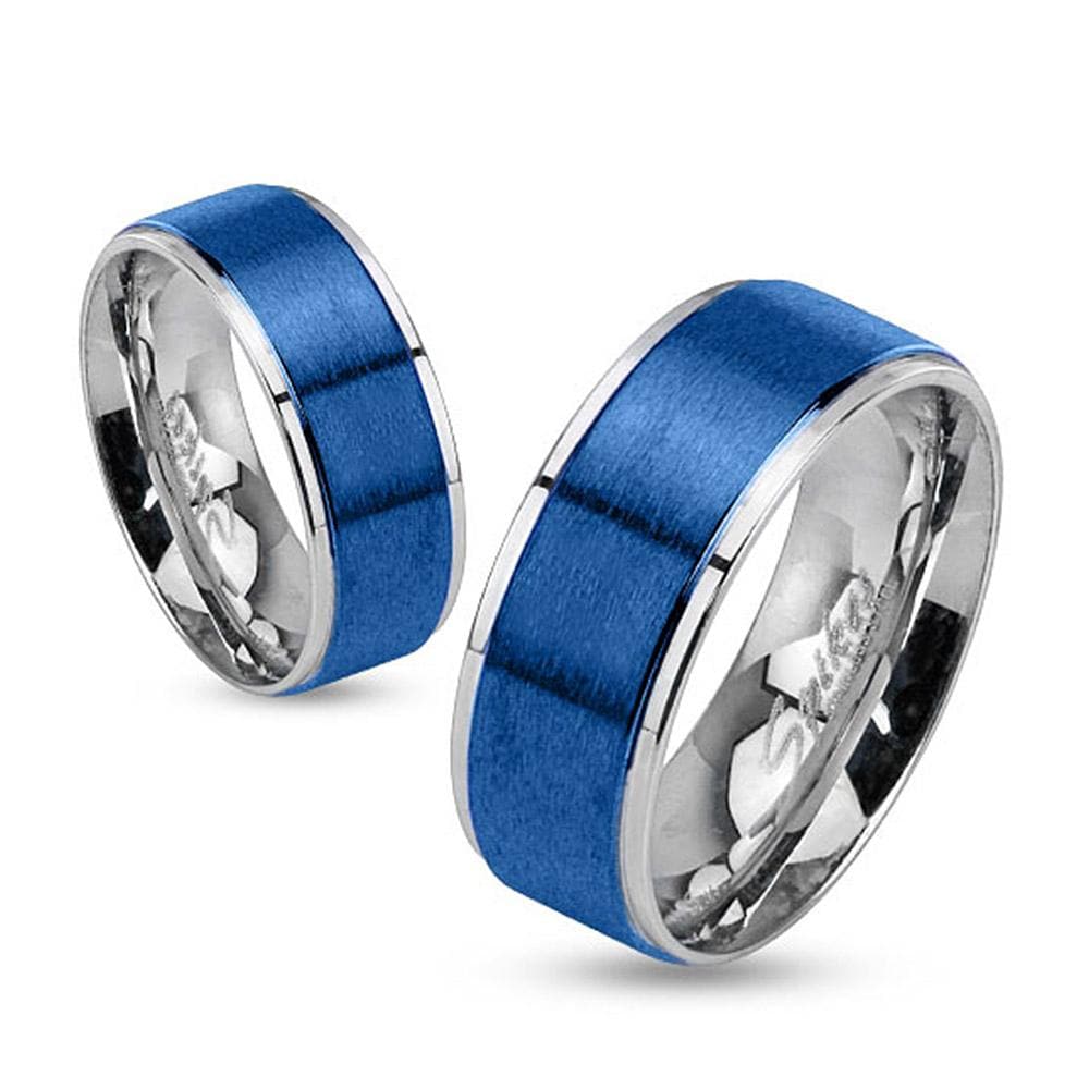 Step Edges Two Tone Brushed Blue IP Center Stainless Steel Band Ring