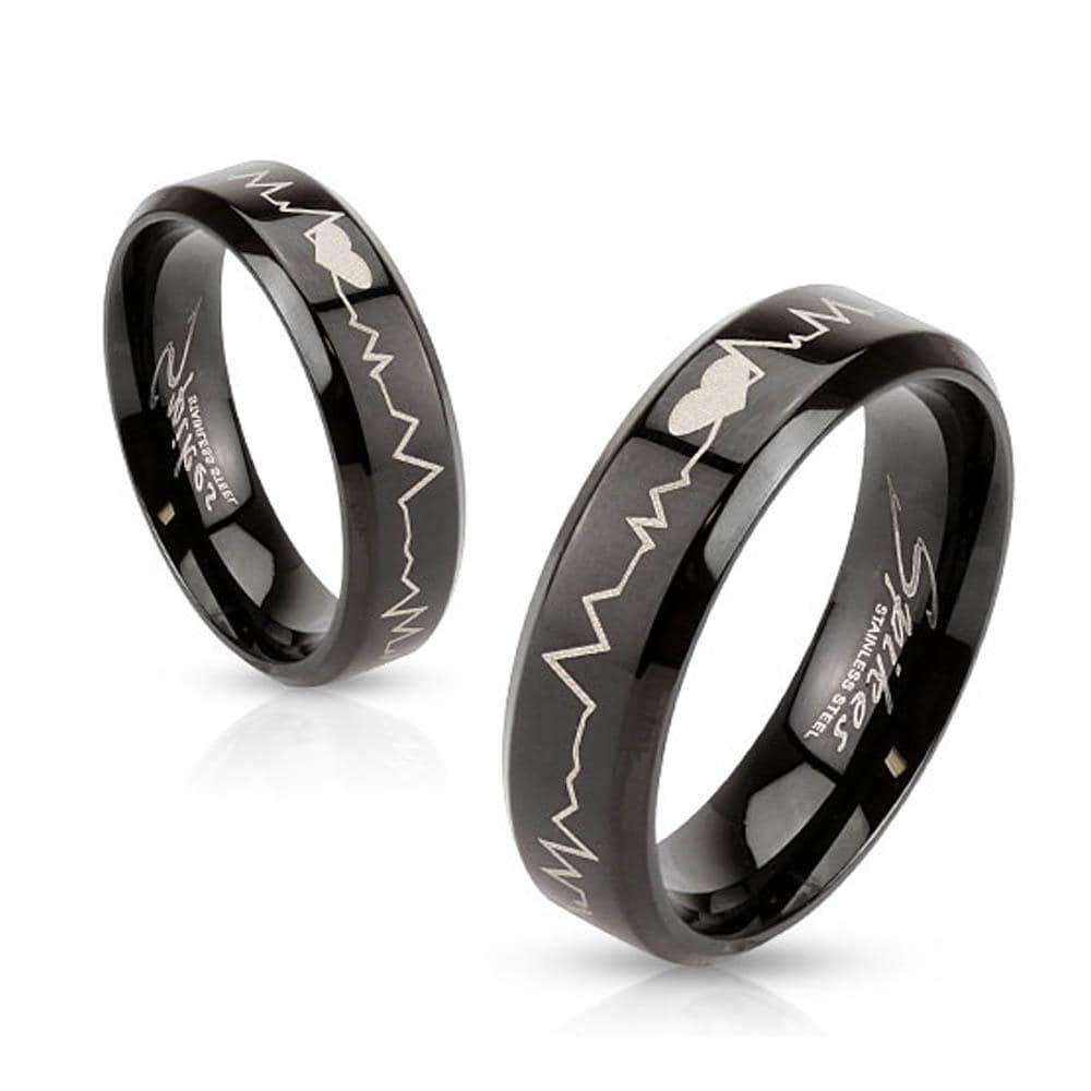 Heartbeat Laser Etched Stainless Steel Black IP Band Ring