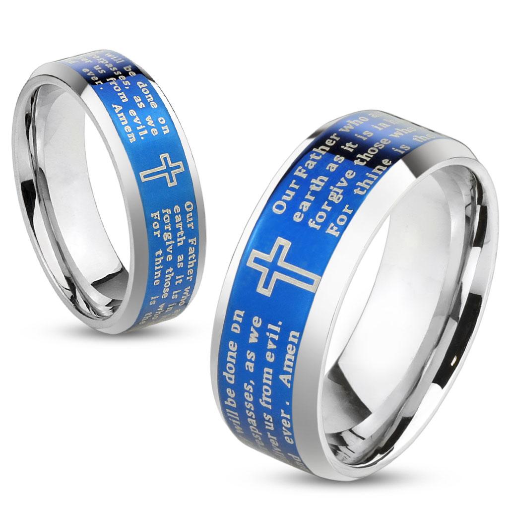 Lord's Prayer Blue IP Beveled Edge Stainless Steel Ring