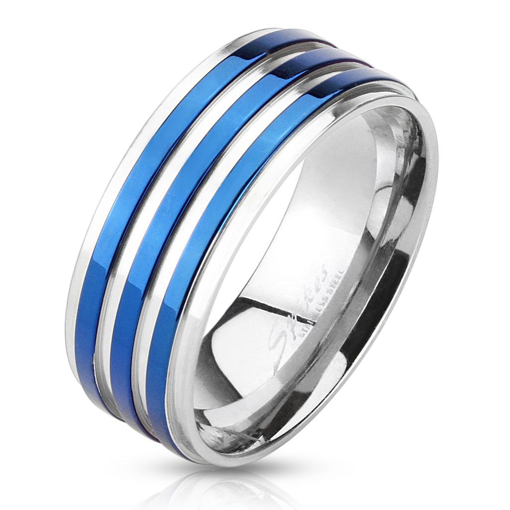 Blue IP Striped Stainless Steel Ring