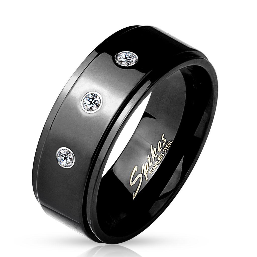 3 CZ Set Stepped Edge Black IP Stainless Steel Ring