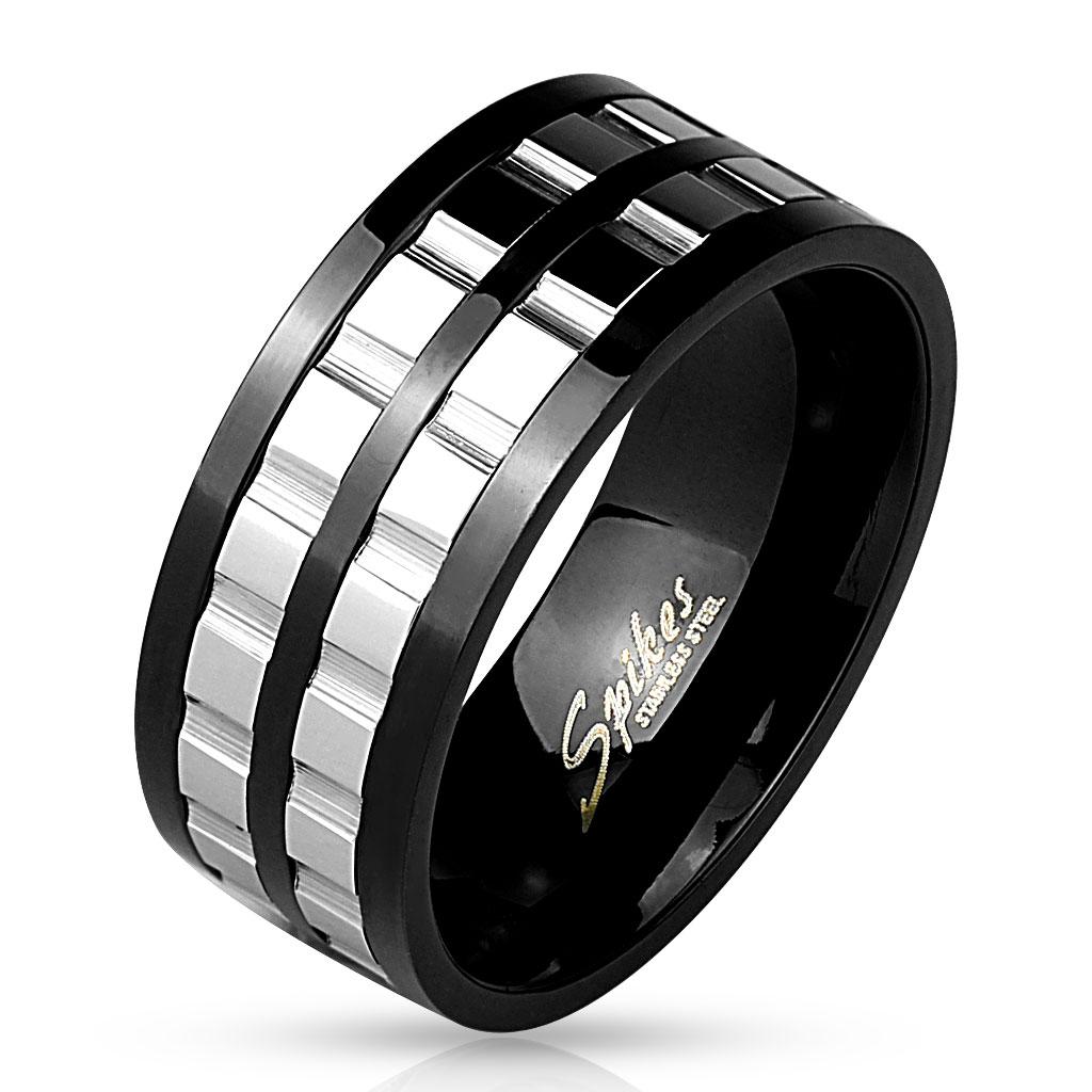 Two Tone Grooved 2-Part Spinner Gears Black IP Stainless Steel Ring