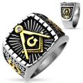 Gold IP and Burnish Steel 2-Tone Square Face Masonic Stainless Steel Casting Ring