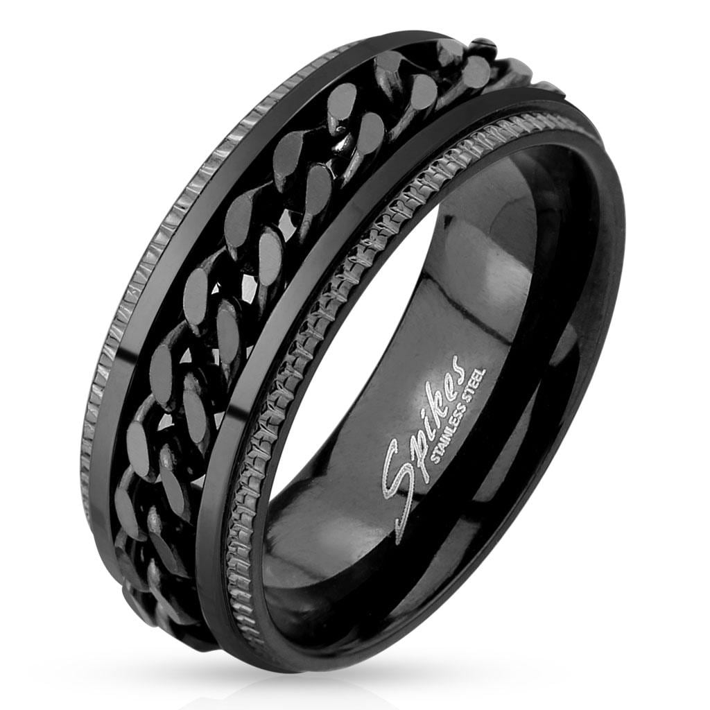 Black IP Grooved Edge Center Chain Stainless Steel Spinner Ring