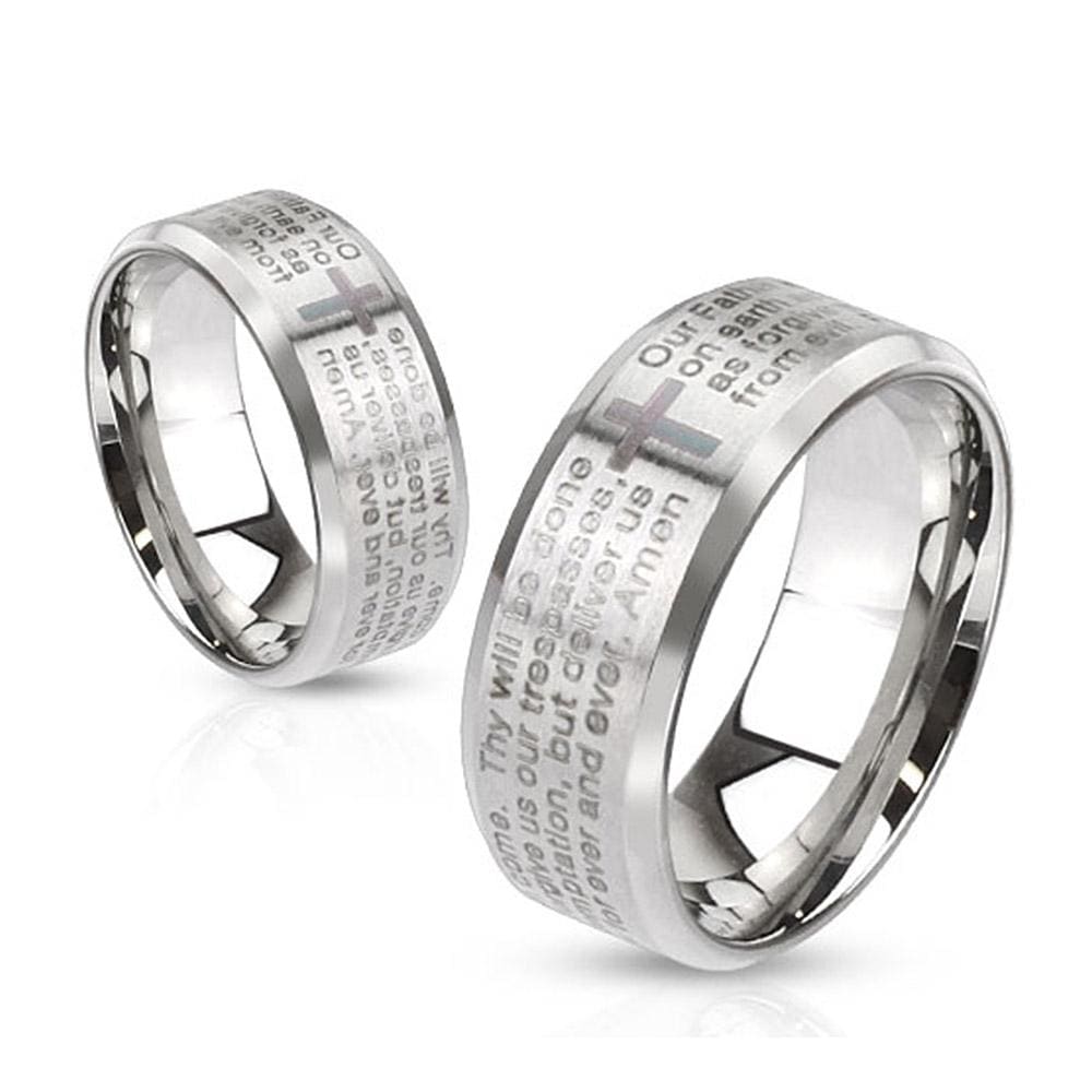 Lord's Prayer Laser Etched Over Brushed Finished Beveled Edge 6mm or 8mm Stainless Steel Ring