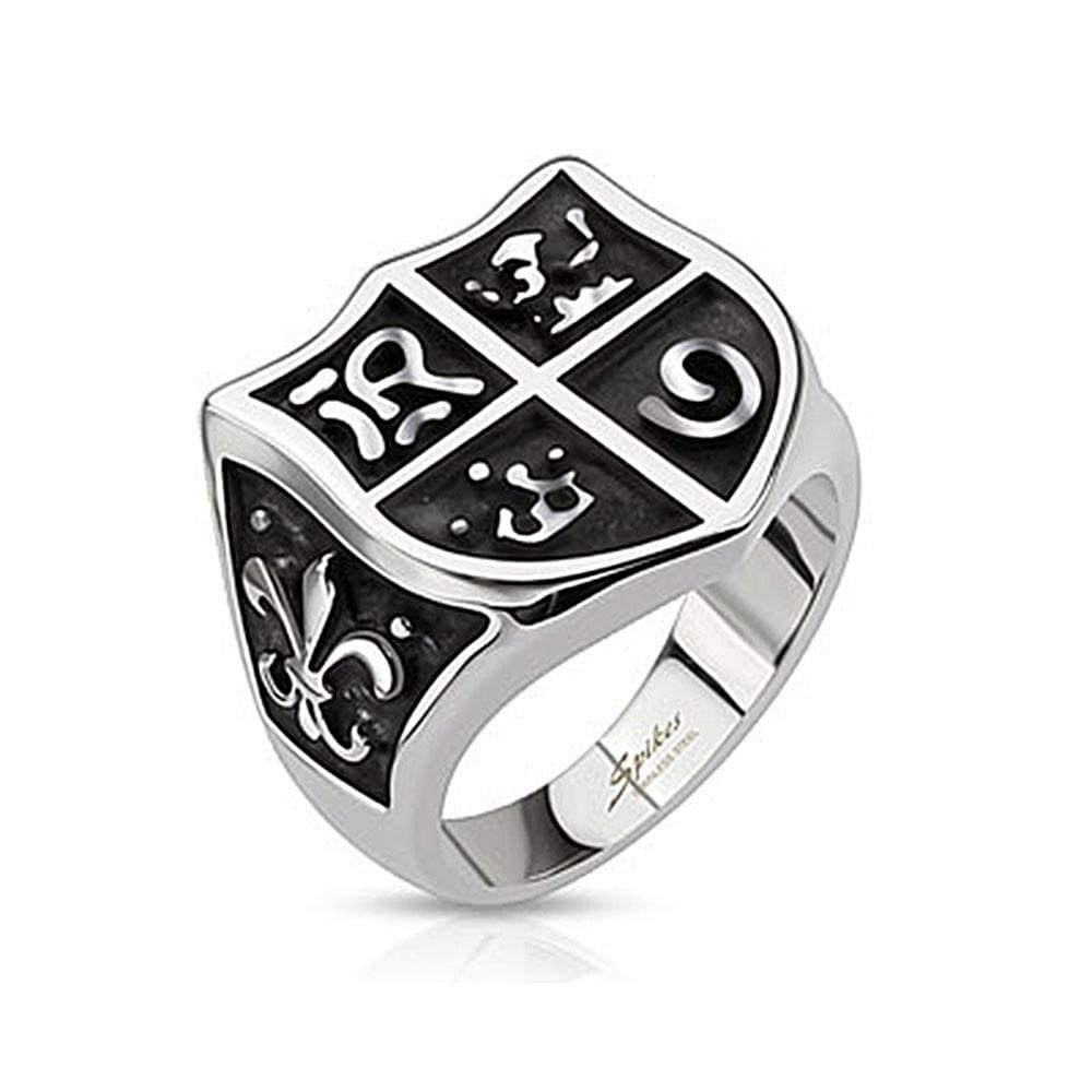 Medieval Shield and Fleur de Lis Wide Cast Stainless Steel Ring