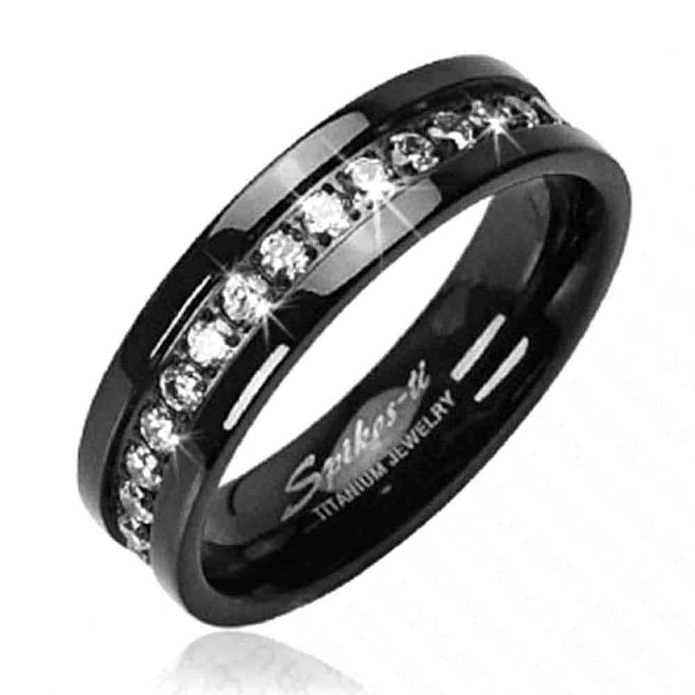 Solid Titanium with Black and CZ Stone Band Ring