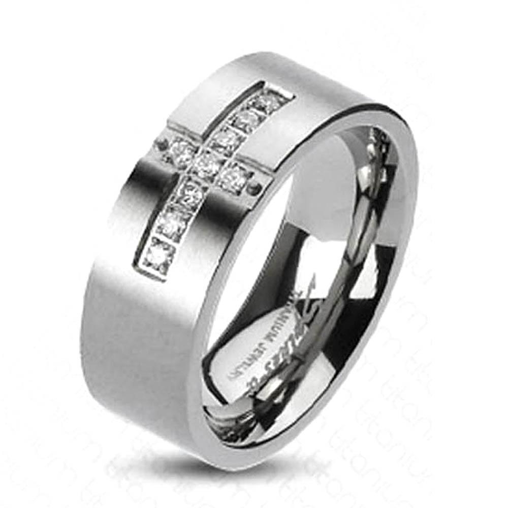Solid Titanium Cross Paved Multi CZs Band Ring