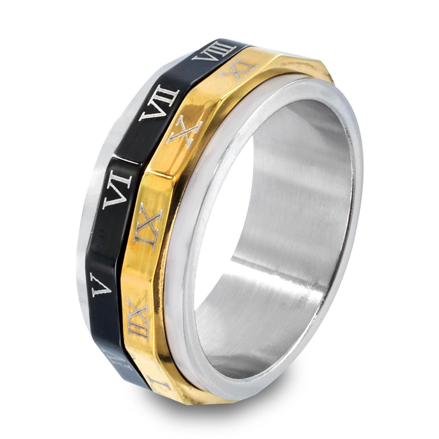 316L Stainless Steel Spinner Ring with Roman Numerals and Two-Tone Plating