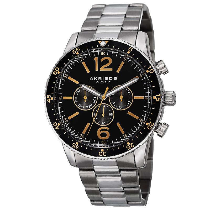 Akribos XXIV Men's Swiss Quartz Multifunction Dual-Time Stainless Steel Silver-Tone Bracelet Watch