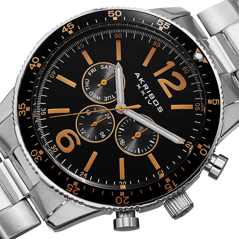 Akribos XXIV Men's Swiss Quartz Multifunction Dual-Time Stainless Steel Silver-Tone Bracelet Watch