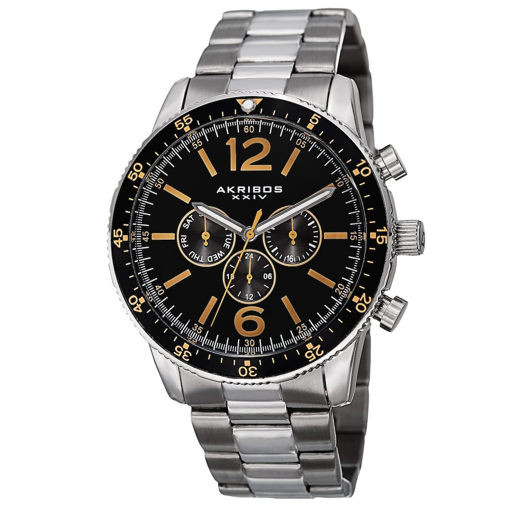 Akribos XXIV Men's Swiss Quartz Multifunction Dual-Time Stainless Steel Silver-Tone Bracelet Watch