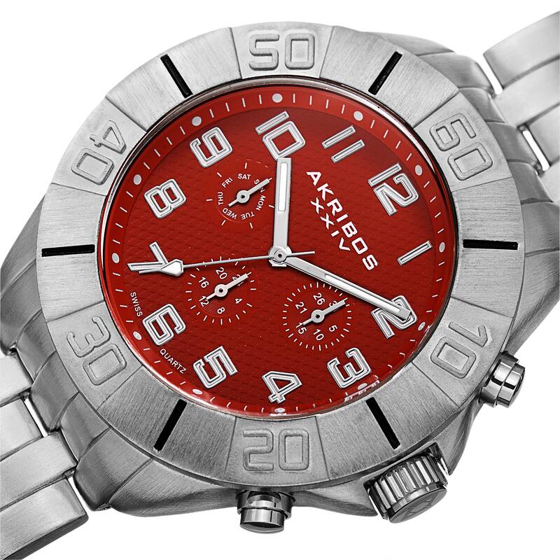 Akribos XXIV Men's Swiss Quartz Multifunction Dual-Time Red Bracelet Watch