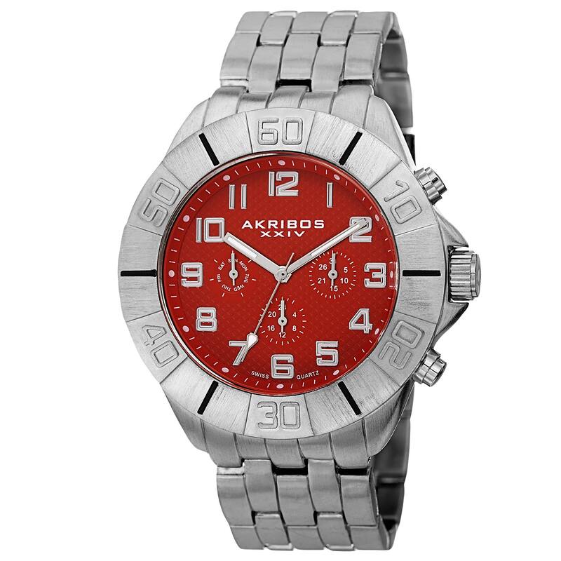 Akribos XXIV Men's Swiss Quartz Multifunction Dual-Time Red Bracelet Watch