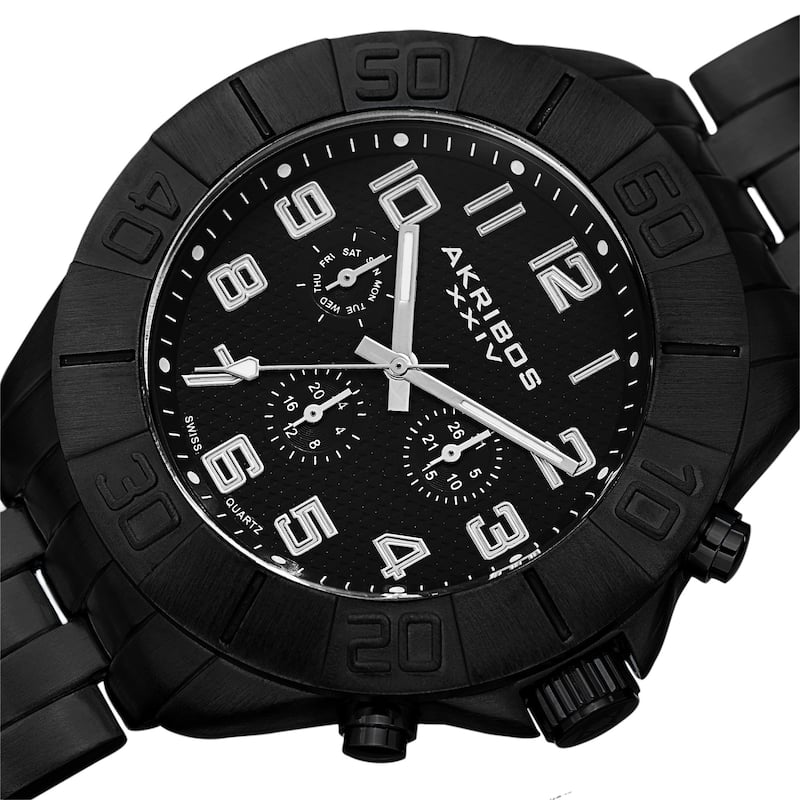 Akribos XXIV Men's Swiss Quartz Multifunction Dual-Time Black Bracelet Watch