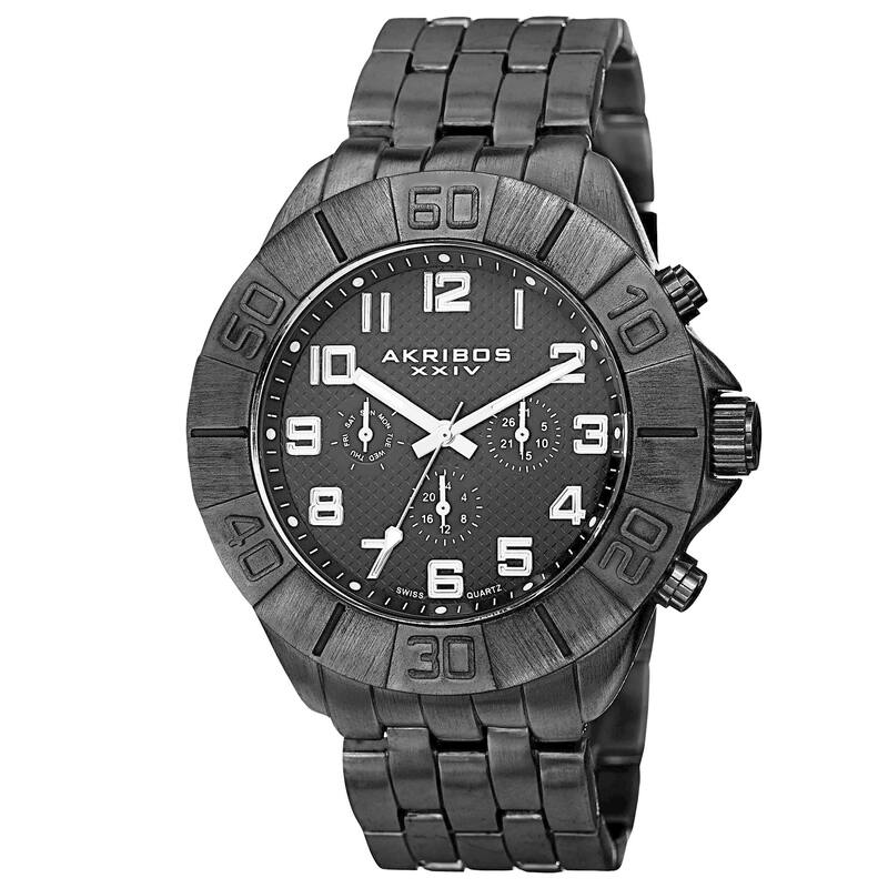 Akribos XXIV Men's Swiss Quartz Multifunction Dual-Time Black Bracelet Watch