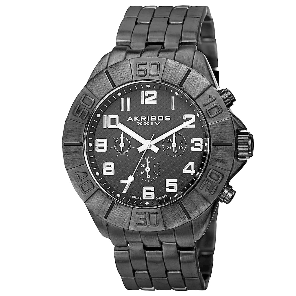 Akribos XXIV Men's Swiss Quartz Multifunction Dual-Time Black Bracelet Watch