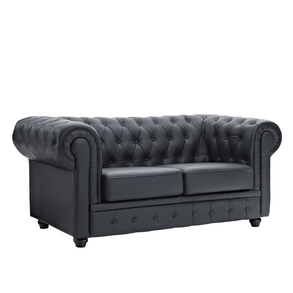 Hancock Tufted Black Italian Chesterfield Leather Sofa and Loveseat